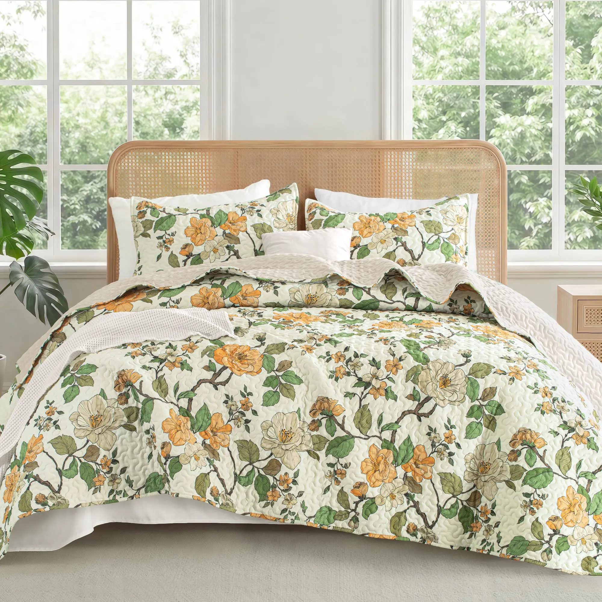 【Back to School】Exclusivo Mezcla Floral Quilt Set Twin/Queen/King/Cal King Size, Cottagecore Garden/Botanical Pattern Reversible Lightweight Bedspreads Coverlets for All Seasons.