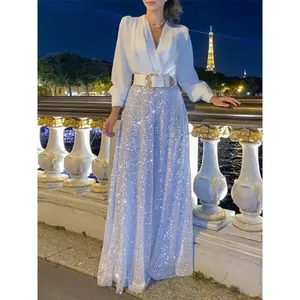 Splice Sequins Maxi Dresses For Women Fashion Folds Loose V Neck Elegant Dress Femme Party Evening Dresses Luxury 2024 Formal Womenswear Green Basic