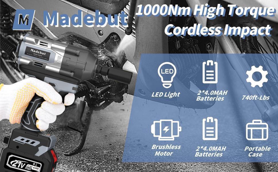 1000N.m Cordless Impact Wrench, All-Metal Cordless Impact Gun with 2 * 4.0Mah, 3-IN-1 Electric Impact Wrench with 5 Sleeves Power Tools