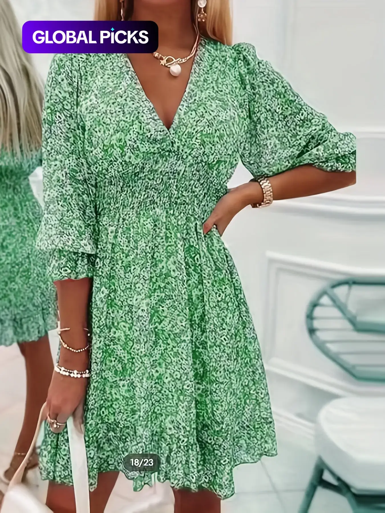 Women's French-Style Casual Ditsy Floral Print Shirred Ruffle-Hem Flounce-Sleeve Dress, Boho V-Neck A-Line Fitted Short Dress for Parties and Holidays, 2026 Women's Summer Clothes, Fashion Elegance