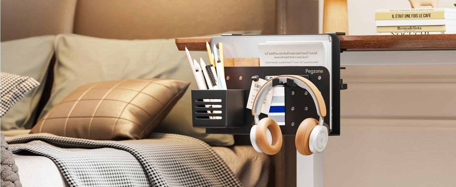 Desk Side Storage Organizer, No Drill Under Desk Laptop Holder, Clamp on Desks Shelf with Pegboard Accessories, Hanging Laptop Mount, Fits Flat Edge 0.4" to 2.2"
