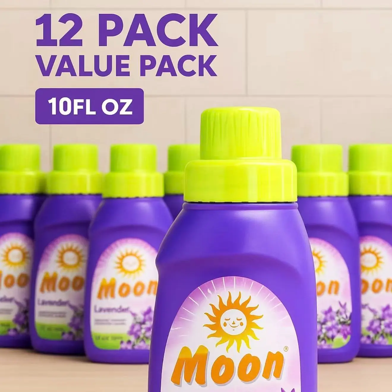 12 Pack Moon Lavender Mini Laundry Liquid Value Pack, Portable 10oz Travel Size Fabric Detergent, Gentle Lavender Fragrance Clothing Washing Soap, Compact Laundry Supply for Travel, Apartment & Daily Small Loads
