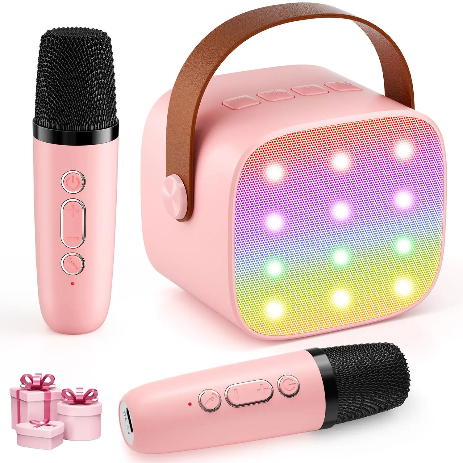 Portable Mini Speaker, Small Karaoke Machine with Lighting, Equipped with 2 Bluetooth Wireless Microphones, Magical Voice Converter, Family Entertainment Activities, And Exclusive Gifts for Men & Women