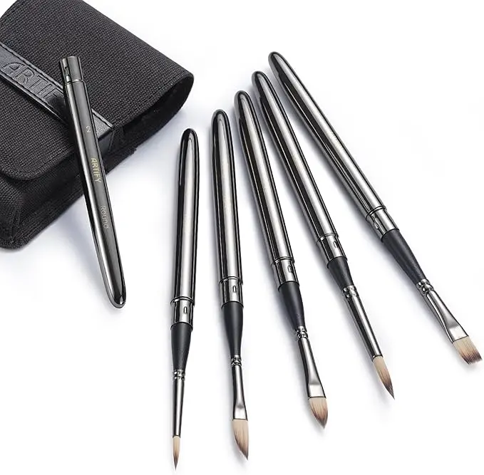 Artify 6 PCS Travel-Ready Expert Brush Set for Adults - Bionic Hair Bristles, Anti-Rust Coat, Corrosion Resistance, Gunmetal Finish, Thick Oxford Travel Pouch, Reduces Wobble, Smooth Pigment Release, Ideal for Watercolor/Gouache/Ink, Artist Gift, Outdoor