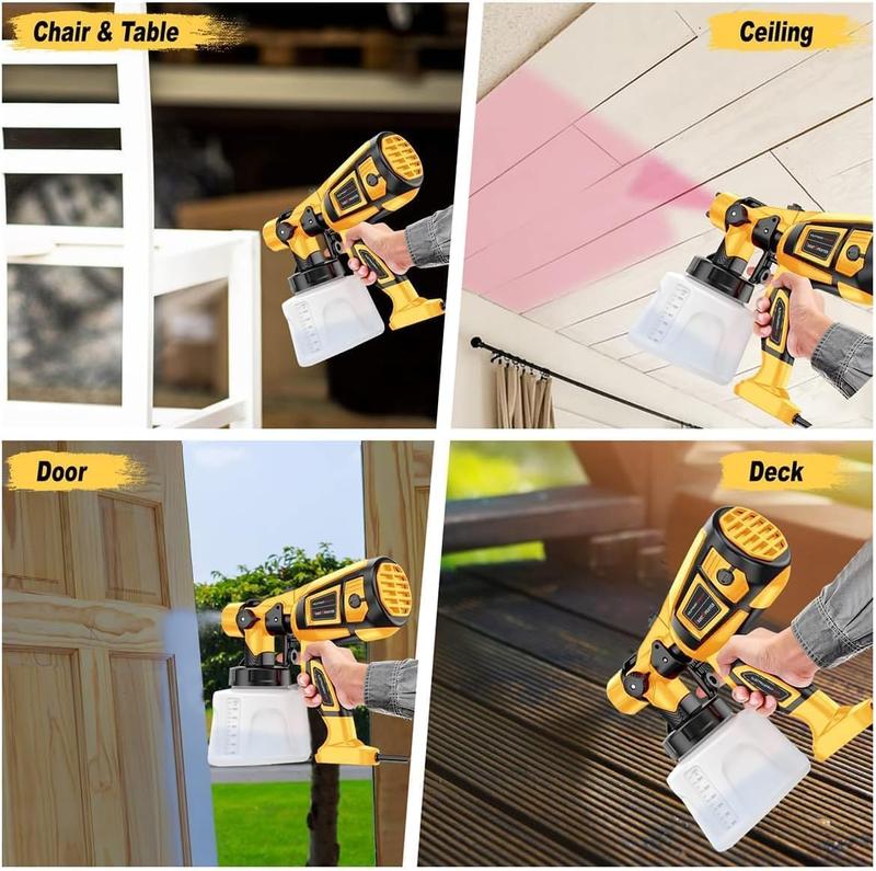 HVLP portable 850W-watt electric paint spray gun with four nozzles,adjustable spray width and flow,ten accessories included,and a large 1000ml container.Suitable for furniture,walls,fences,wood, DIY home decoration, events and holidays.