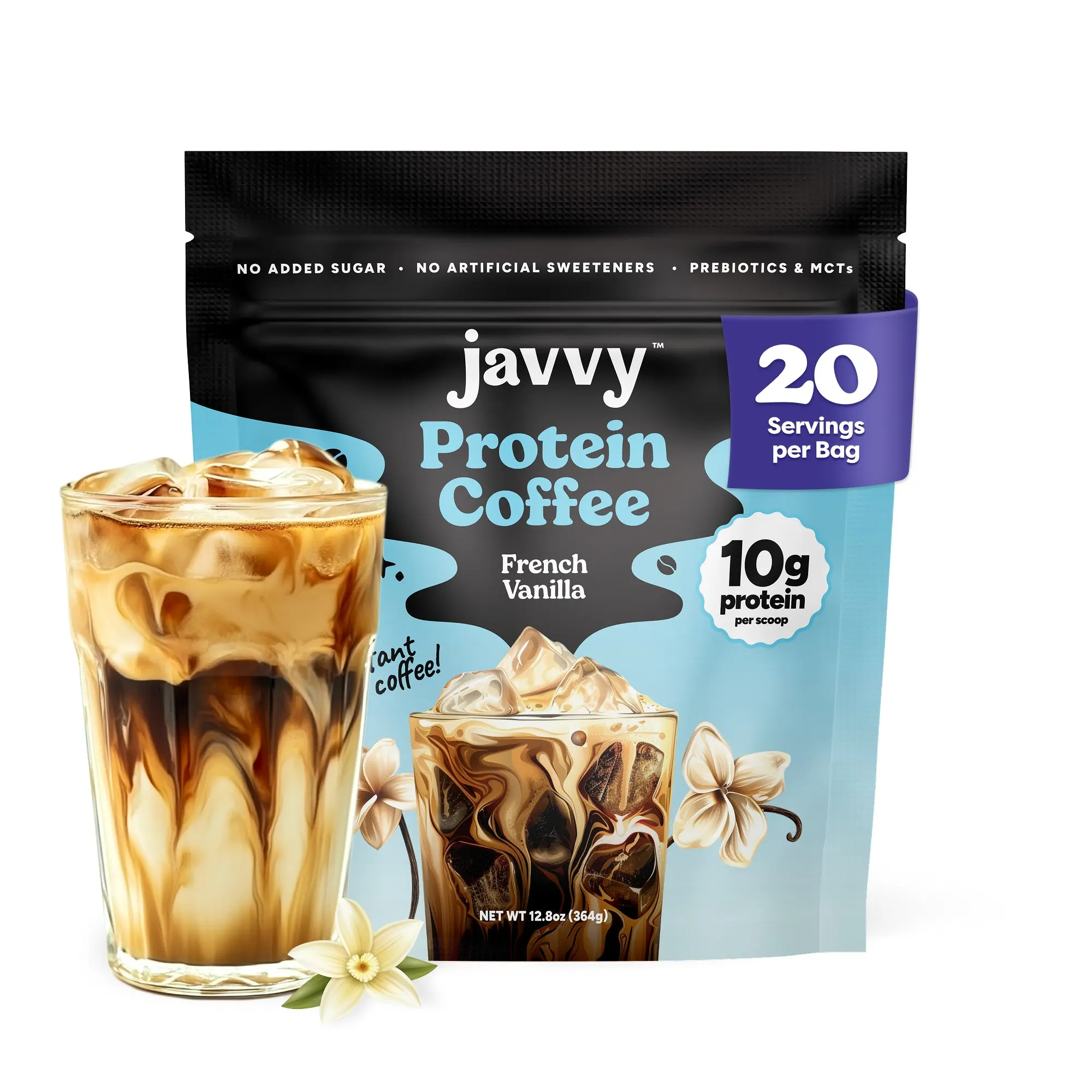 Javvy French Vanilla Protein Iced Coffee Beverage - Premium Whey Protein, Instant Iced Coffee, 100% Natural Cold Brew - 0 Artificial Flavors, 0 Sweeteners, 80 mg Caffeine, No Added Sugar, 20 Servings