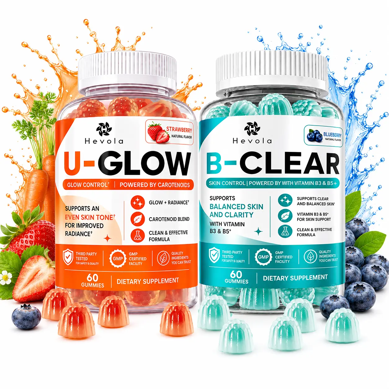 Glow & Clear Duo Gummies – Skin Brightening & Clear Skin Support | Carotenoid Blend + Vitamins B3, B5 | Promote Radiance, Even Tone & Balanced-Looking Skin | Strawberry & Blueberry | 60 Gummies Each