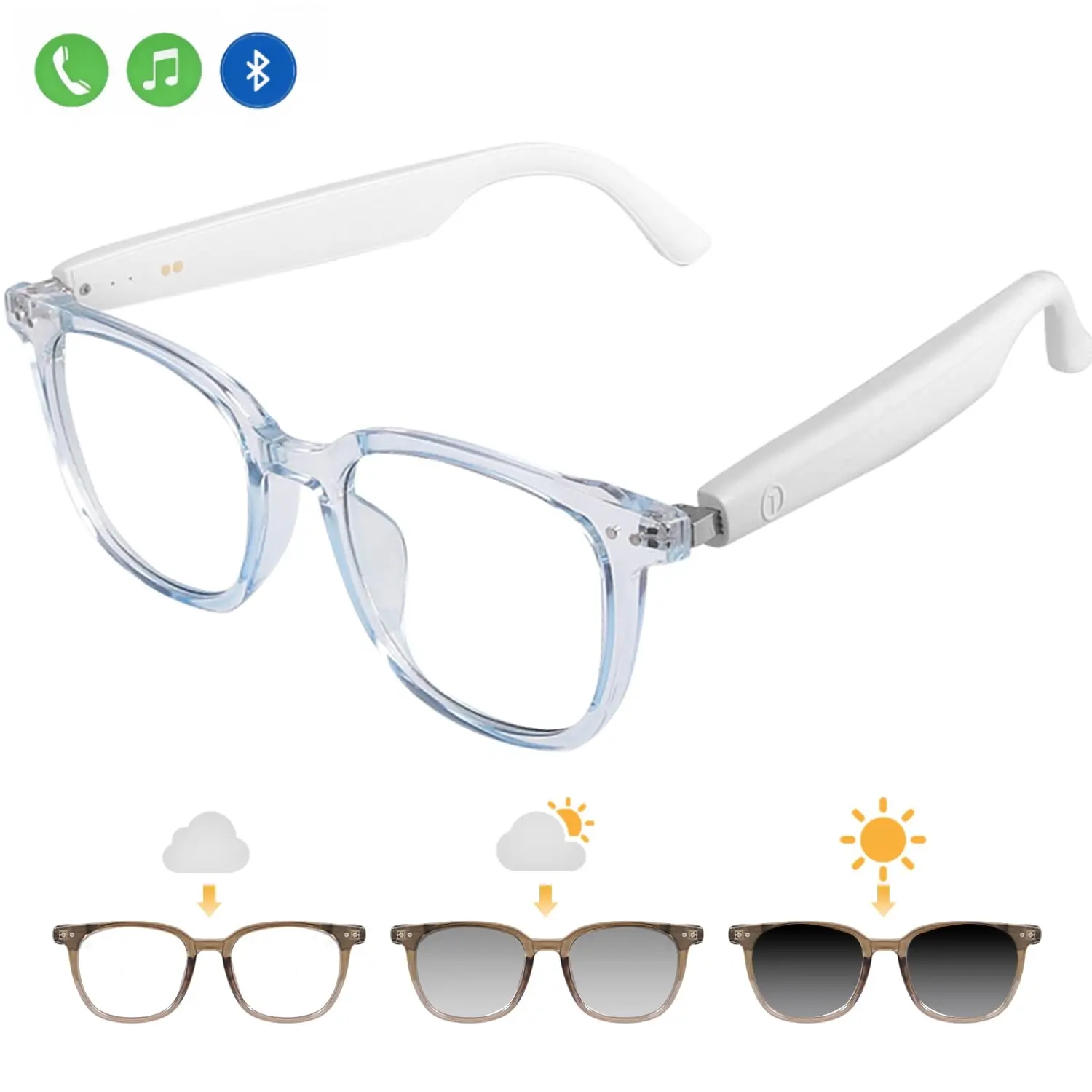 Smart Glasses , Bluetooth Glasses with Photochromic Lenses Touch Control Voice Assistant for Clear Audio, Remote Photography, Clear Brown Frame and Black Legs, Perfect for Indoor Outdoor Wearable Android Man Rechargeable smart glasses, Wireless Smart Glas