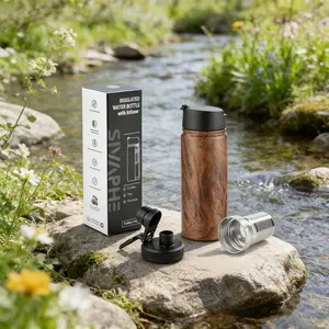 SIVAPHE 18/8 Stainless Steel Double-Layer Vacuum Insulated Travel Water Bottle 500ml Wood Grain Pattern Dual Lids No Tea Strainer for Christmas Season Toddler Water Bottle