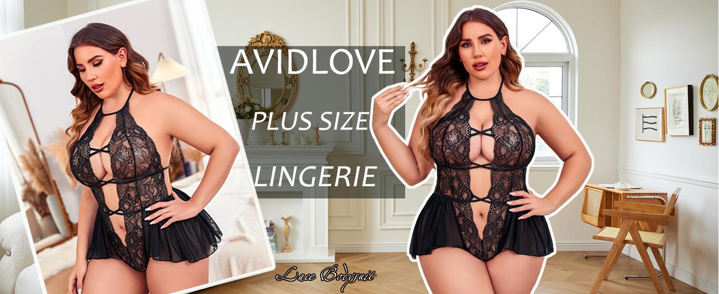 Avidlove Womens Plus Size Lingerie Lace Bodysuit Deep V One Piece Sheer Floral Halter High Neck Adjustable Straps Breathable Mesh Bottom