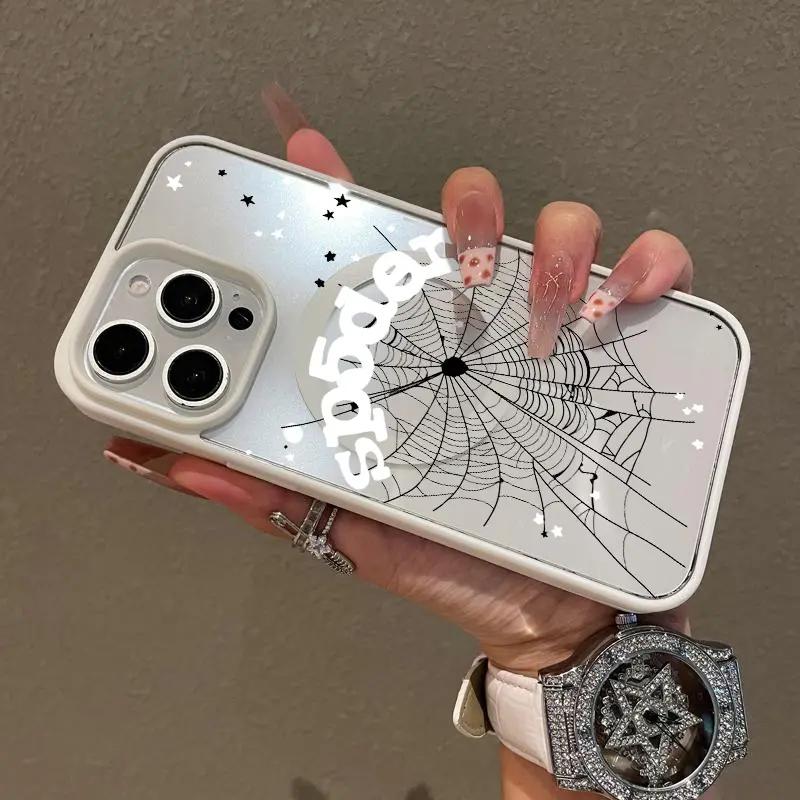 Spiderweb and Star pattern magnetic MagSafe quick-release protective case, suitable for iPhone 17/16 Pro Max, 15 Pro, 14, 13, 12 Mini, 11, XR, XS Plus, SE, shockproof and anti-slip, ultra-thin silicone transparent acrylic protective case