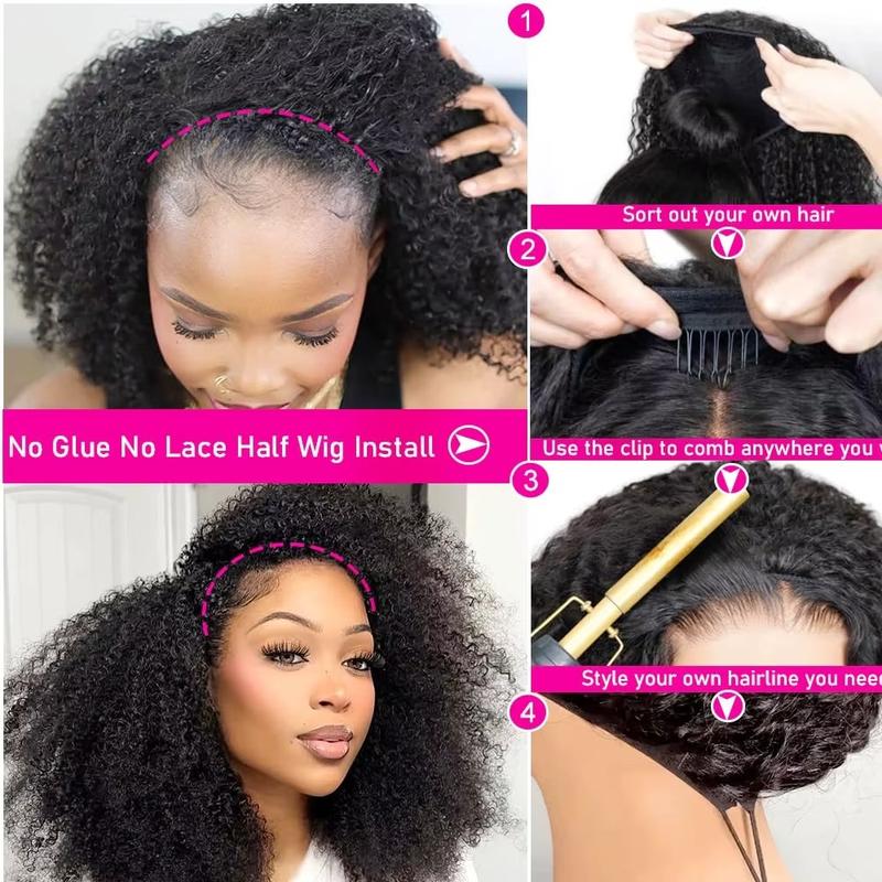 Half Wig Human Hair Burmese Curly Glueless Wig Human Hair Ready to Wear Kinky Curly 3 IN 1 Half Wig With Drawstring 180% Curly Half Wig