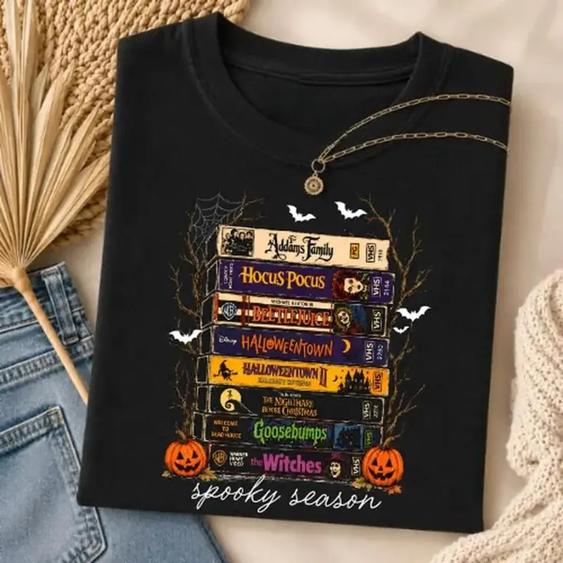 Women's Round Neck Short-Sleeve Casual Halloween Graphic T-Shirt - Comfort Colors, Hocus Pocus Beetlejuice Halloweentown Goosebumps Horror Book Stack Design, Halloween Lover Gift, Fall Aesthetic Women's Tops, Shortsleeve, Regular Fit