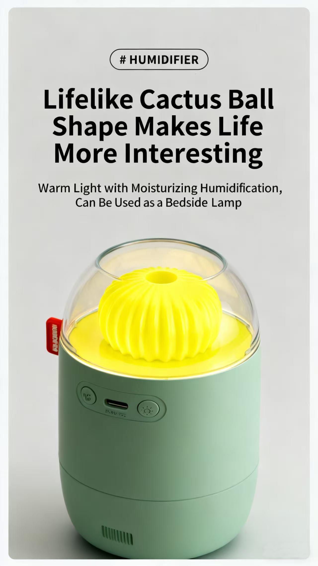 Cactus Mini Humidifier - Small USB Personal Humidifier for Bedside, Desk, Office, and Car | Quiet 360° Mist, Auto Shut-Off, Night Light, Perfect for Dry Air, Sleep, and Plants