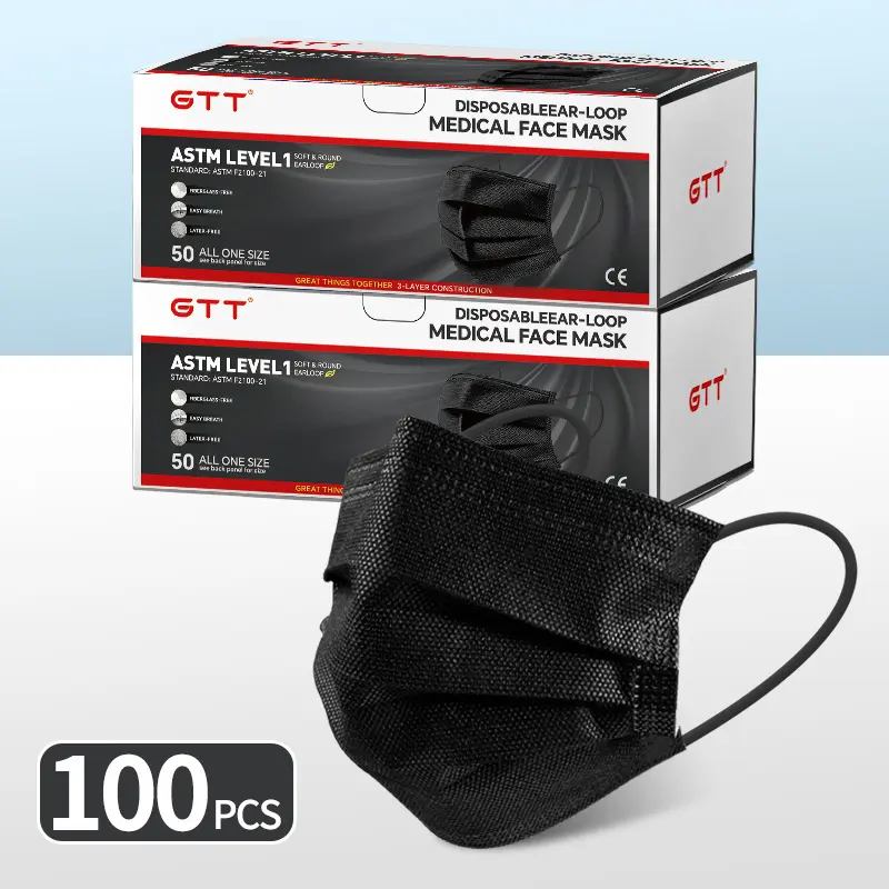 GTT Black ASTM Level 1 Disposable Medical Face Masks 100 Pack, 3 Ply Breathable Earloop Medical Masks for Adults