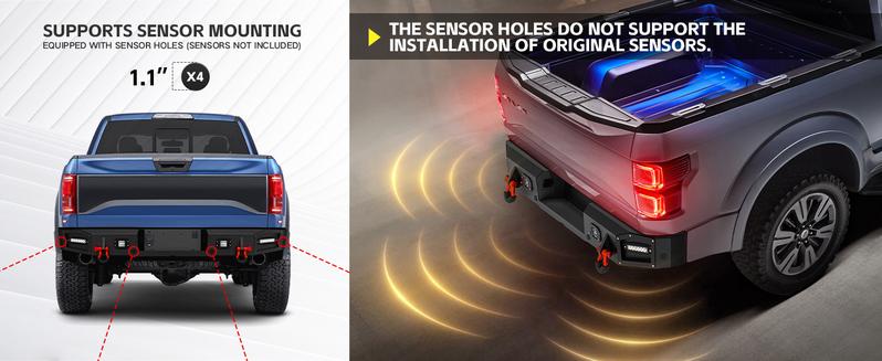 for F250 F350 F450 Rear Step Bumper Compatible with 2017-2025 4th Gen Ford F250 F350 F450 Super Duty Pickup Truck Bumper with 4 x 18W LED Lights & D-rings, Paintable Armor, Sensor Holes, Black