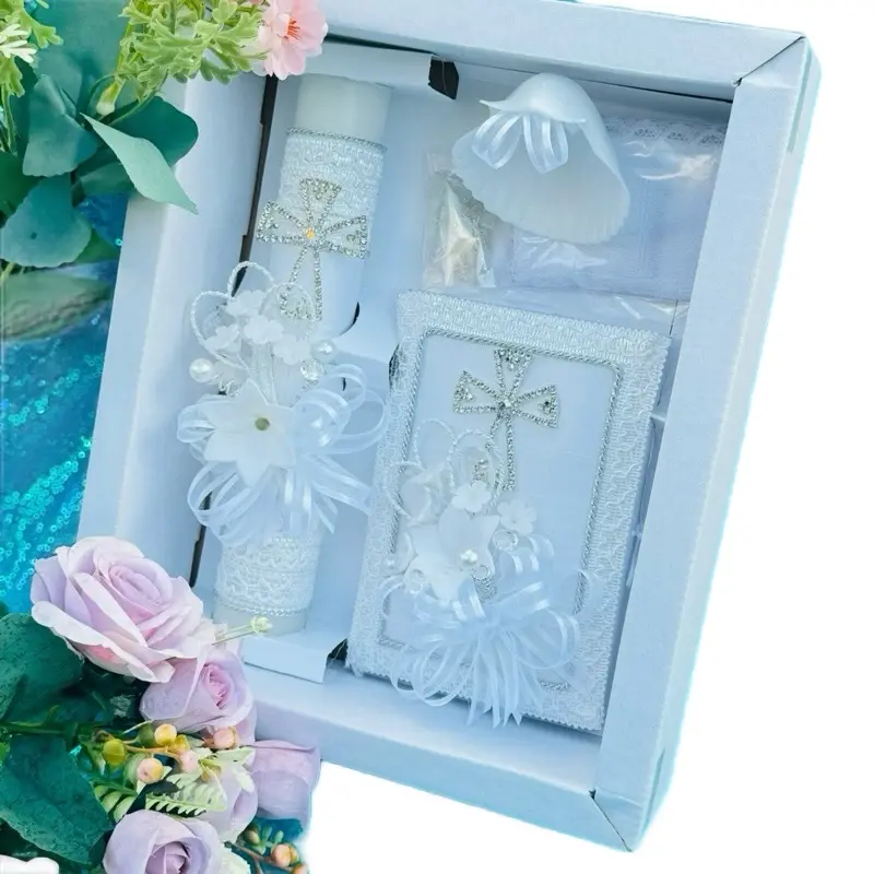 8 in Traditional Look Baptism Candle Set - Ceremony Gift for Boys & Girls with Rosary, New Testament (Set Contents), Decoration, Festive Party Supplies in Bilingual English-Spanish White Box, Baptism Gift