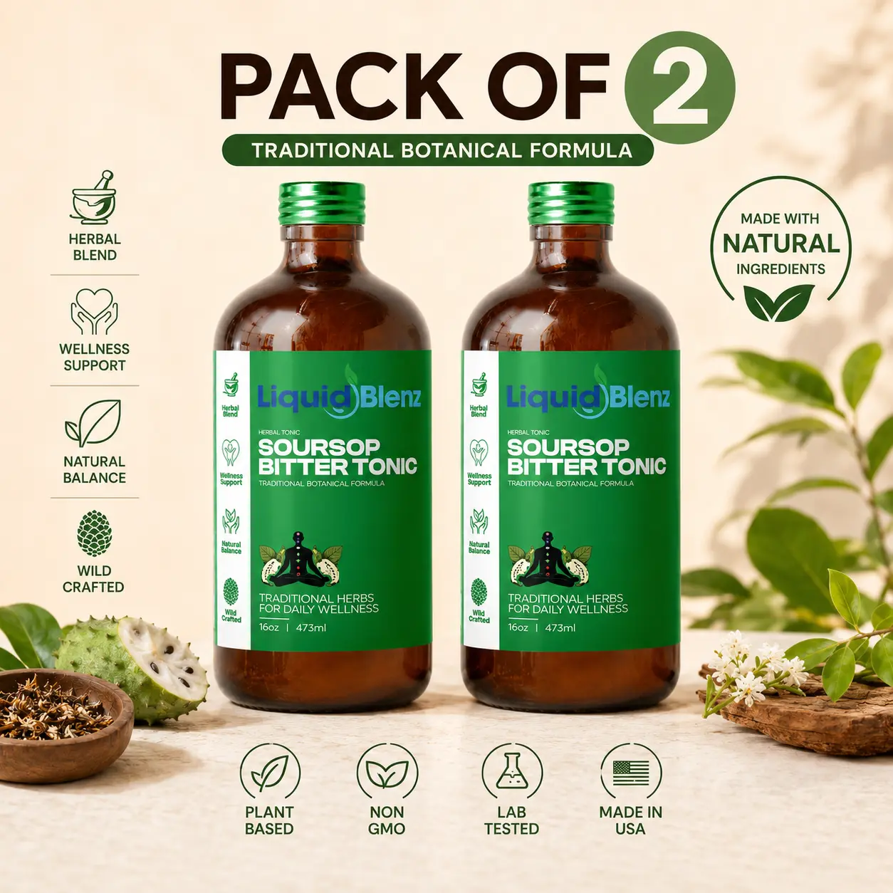 Soursop Bitters with Moringa & Turmeric 2-Pack | Herbal Liquid Tonic — Soursop Leaf, Moringa, Turmeric, Ginger, Sea Moss & Maca | Non-GMO, Vegan, USA-Made (2x 16 fl oz)