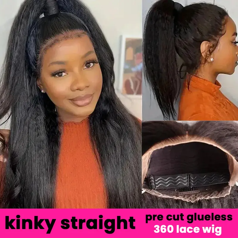 Bling Hair 360 Glueless Wigs Kinky Straight 360 Full Skin Lace Frontal Wig Invisible Strap Pre Plucked Pre Cut Natural Hairline Human Hair Wig