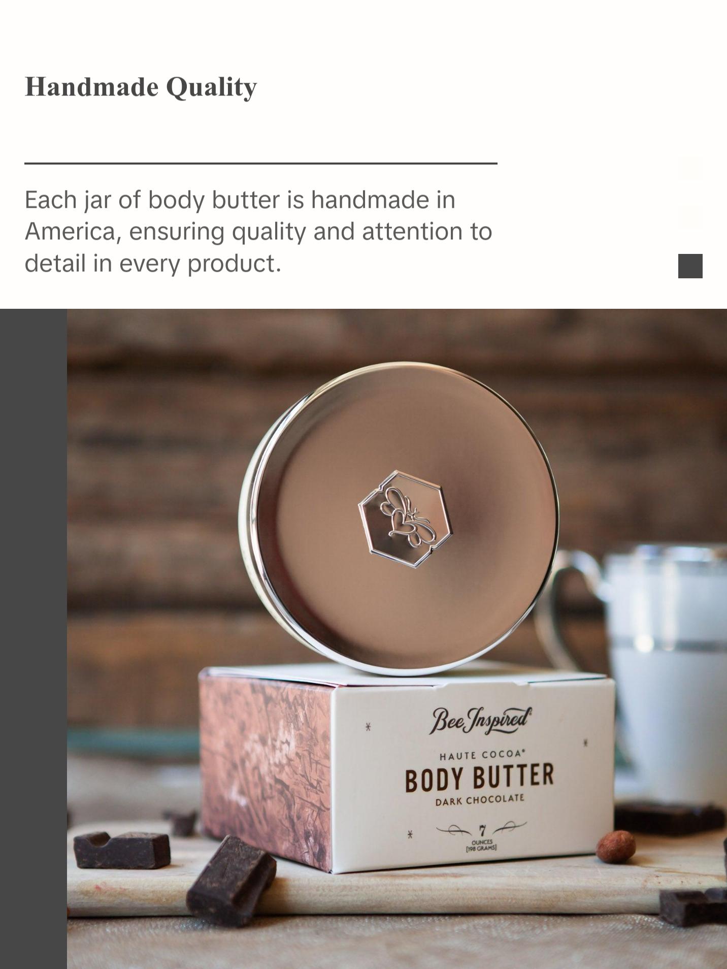 BeeInspired Haute Cocoa Honey Body Butter - Dark Chocolate Scented, 7 oz, Moisturizer for All Skin Types, Handmade in America, Free of Petrochemicals & Dyes