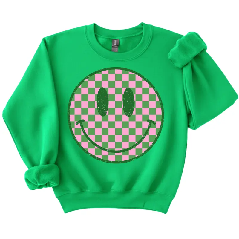 Pink and Green Checker Smiley St. Pattys Day Womenswear Tops Sweatshirt Long Sleeve Casual Crewneck