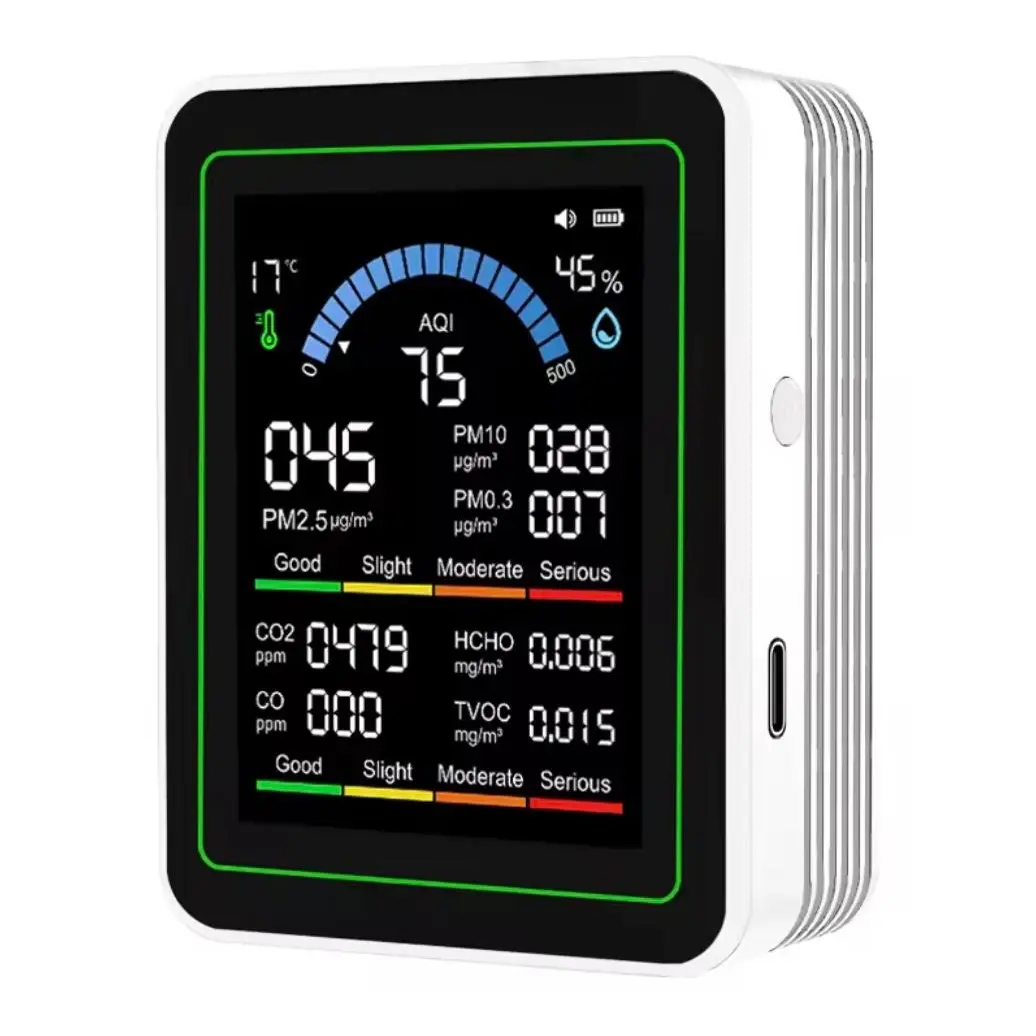 Air Quality Monitor Indoor 10-in-1 Portable Smart CO2 Detector CO HCHO TVOC PM2.5 PM10 Temperature Humidity Sensor Real-Time AQI Monitor for Home Office Car Infants