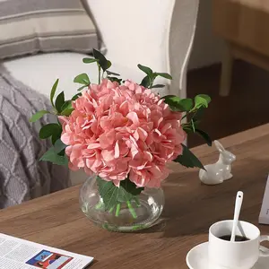 7 Silk Hydrangea Artificial Flowers in Glass Vase, Real Touch Faux Hydrangea Bouquet with Faux Water for Wedding Centerpieces, Home Table Decor, Office & Party Decorations (Pink)