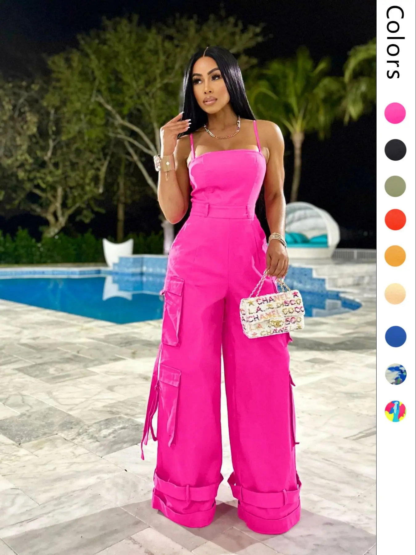Women's Plain/All-Over Print Multi-Pocket Cargo Jumpsuit, Casual Backless Spaghetti Strap Wide-Leg Loose Jumpsuit, Streetwear, Summer Wear, Comfy Cami Jumpsuit, Overalls, Casual Fit Jumpsuit