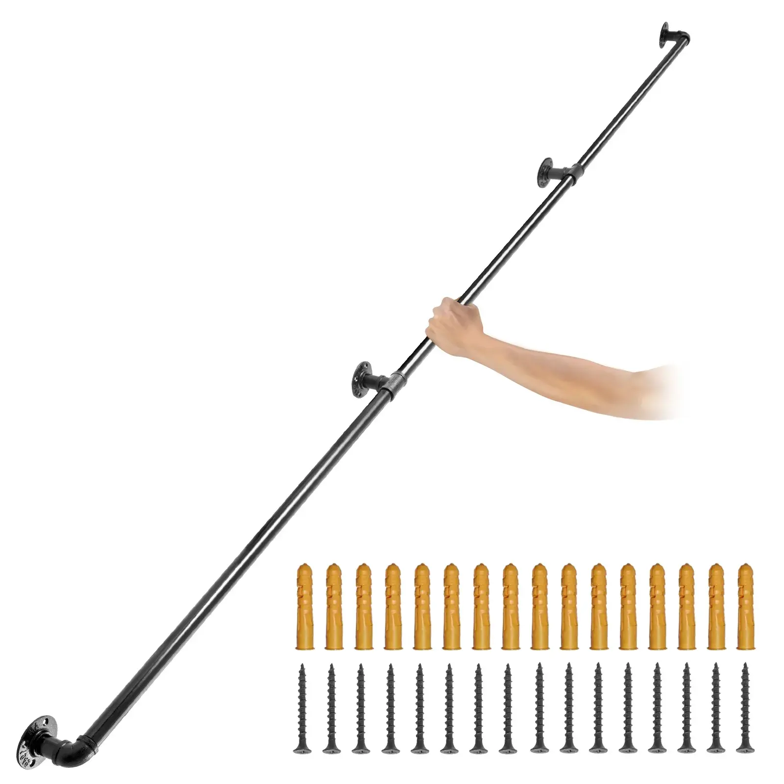 10FT Pipe Stair Handrail, 440LBS Load Capacity Carbon Steel, Industrial Pipe Handrail with Wall Mount Support, Round Corner Wall Handrailing for Indoor Outdoor