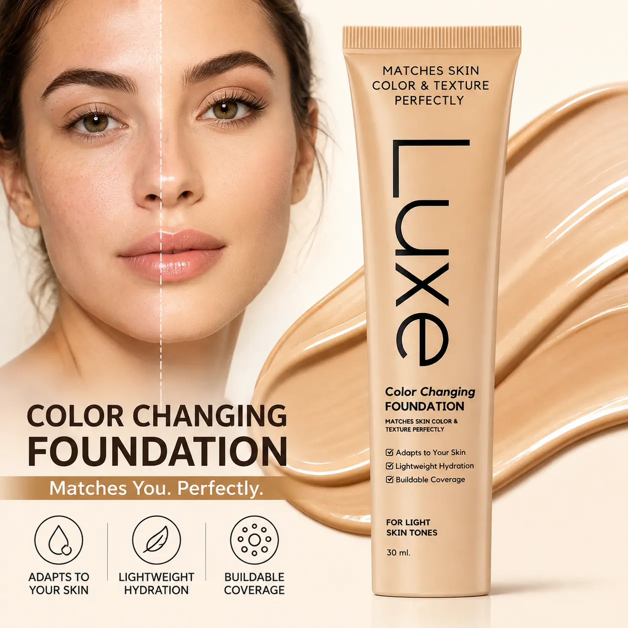Color Changing Shade-Matching Liquid Foundation, 30ml Hydrating Buildable Coverage for Light-Medium Skin Tone, No-Cakey Everyday Natural Finish Face Makeup with Blendable Concealer