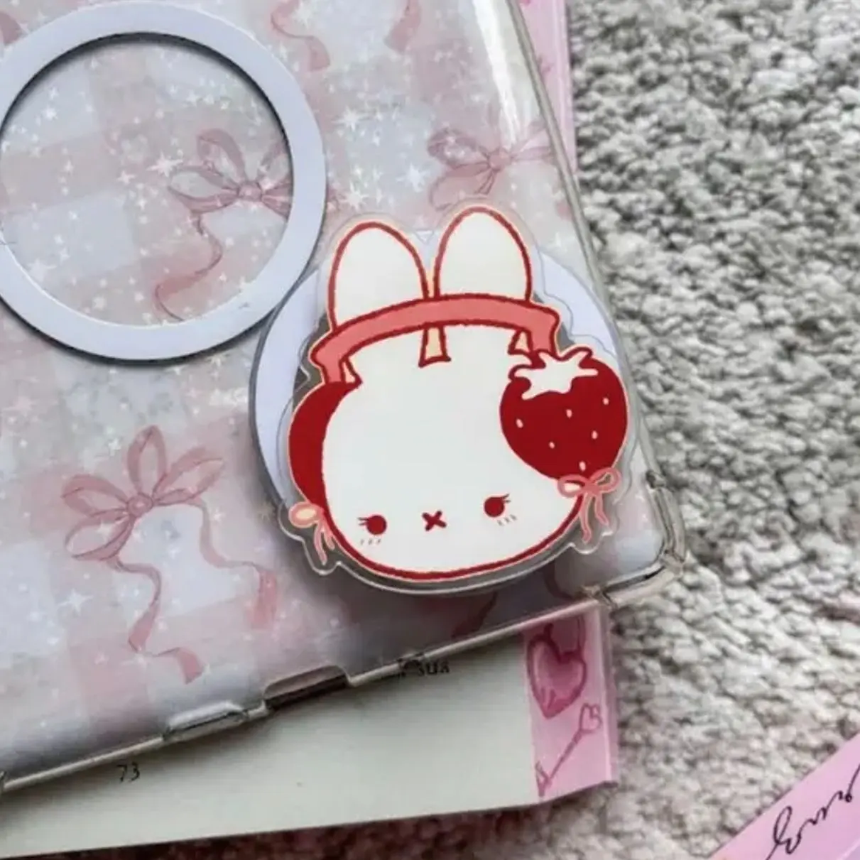 Strawberry Headphone Bunny Phone Grip, Cute Rabbit Kindle Accessories, Coquette Gift For Her pop socket sticky magnetic mount