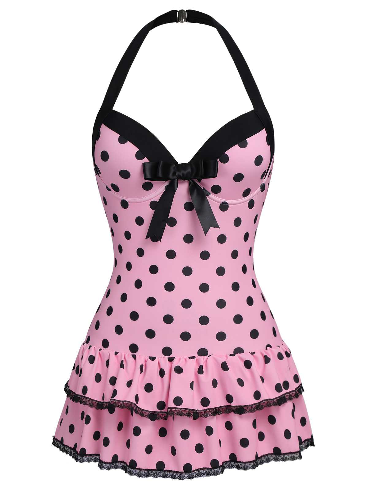 PINK 1940S HALTER POLKA DOTS BOW ONE-PIECE SWIMSUIT Vintage Charm Dainty Bow Ruffled Hem Comfortable Fit Backless Design Womenswear Comic Womenswear