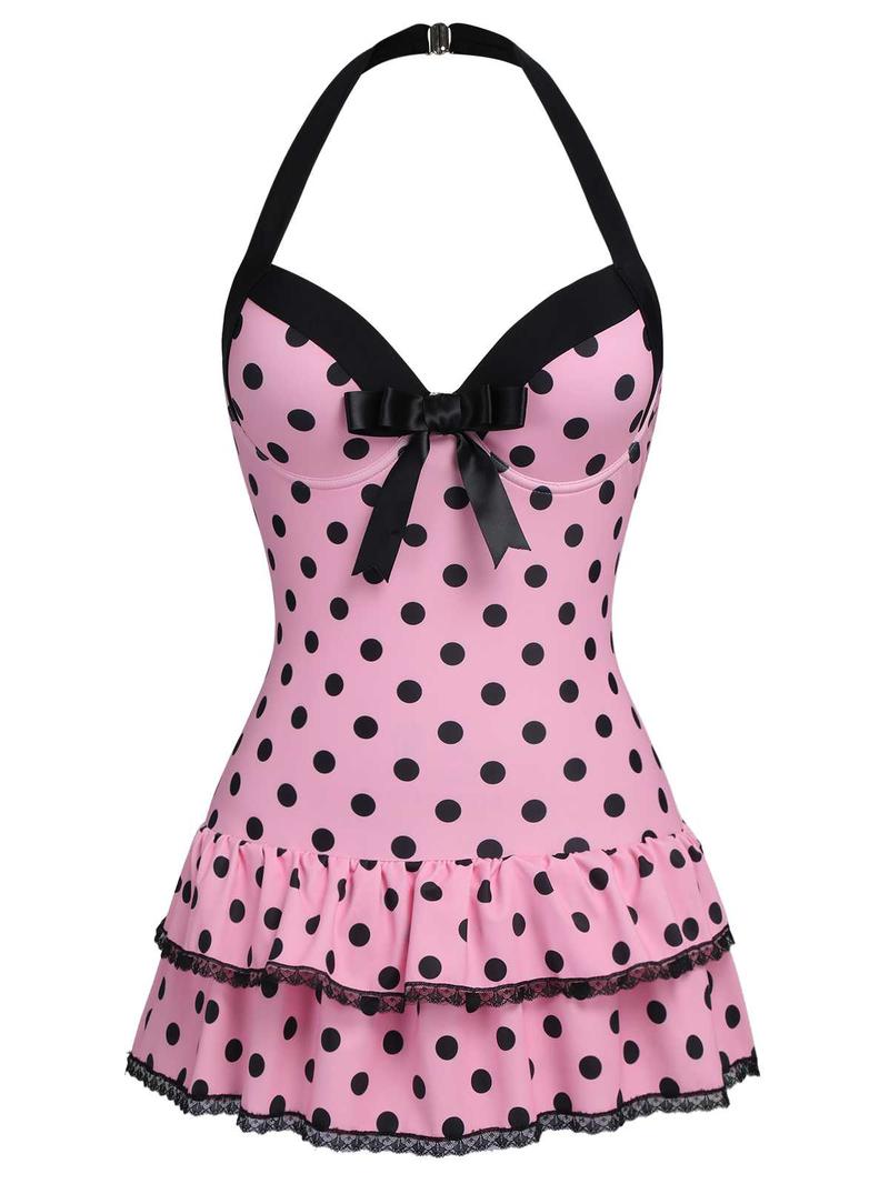 PINK 1940S HALTER POLKA DOTS BOW ONE-PIECE SWIMSUIT Vintage Charm Dainty Bow Ruffled Hem Comfortable Fit Backless Design Womenswear Comic Womenswear