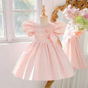 3-8Y Peach Pink 6156 Kids Clothes Flower Girls Frock Beading Floral Puff Sleeve Mesh Ball Gown Pageant Children Elegant Princess Prom Host Formal Evening Party Banquet Cocktail Dress