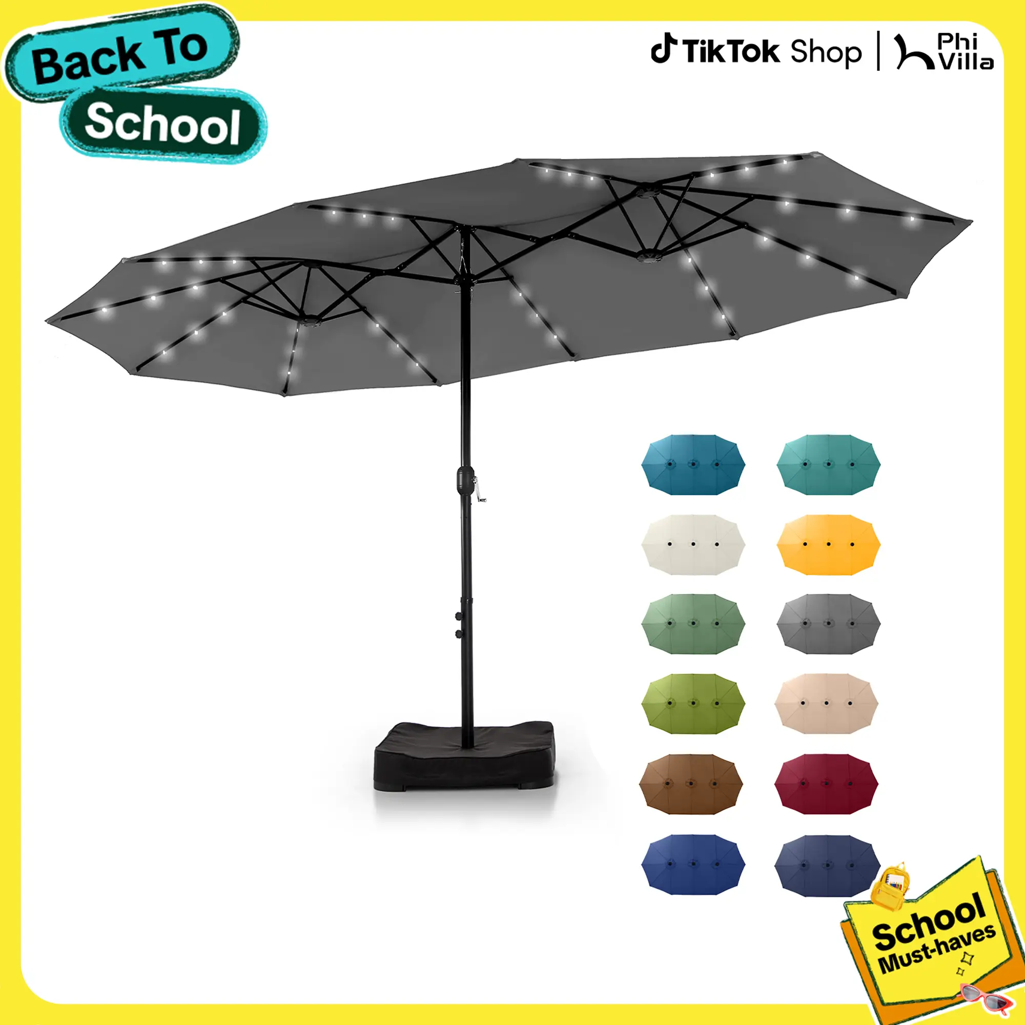 PHIVILLA 15ft Extra Large Double-Sided Patio Umbrella with Base & LED Lights - Large Steel Frame, UV Protection, Metal Base Included, Useful Crank, Grey