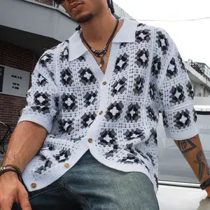 Men's Summer Cool Knitted Short-Sleeve Spring Shirt, Off-White Bohemian Style Vacation Casual Loose Lapel Button-Down Open Placket Print
