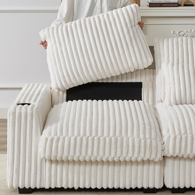 【3 packages delivery】Niccae L-Shaped Corduroy Sofa with USB Port & Cup Holder, Movable Footrest, 4 Back & Waist Pillows, Large Sectional for Living Room, Home Office & Apartment, Solid Wood Frame