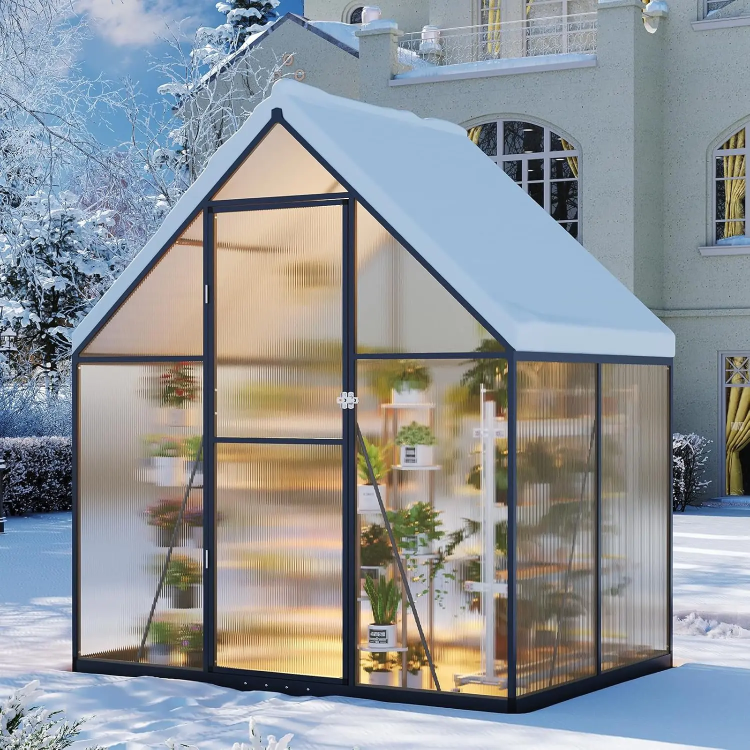 Aoxun 4x6 FT Heavy Duty Metal Rectangle Greenhouse Kit with Aluminum Frame, Walk-in Design, Adjustable Vented Roof Window, Humidity-Managing Vent, Lawn-Securing Ground Nails, Lockable Door, Quick Installation for Garden Backyard