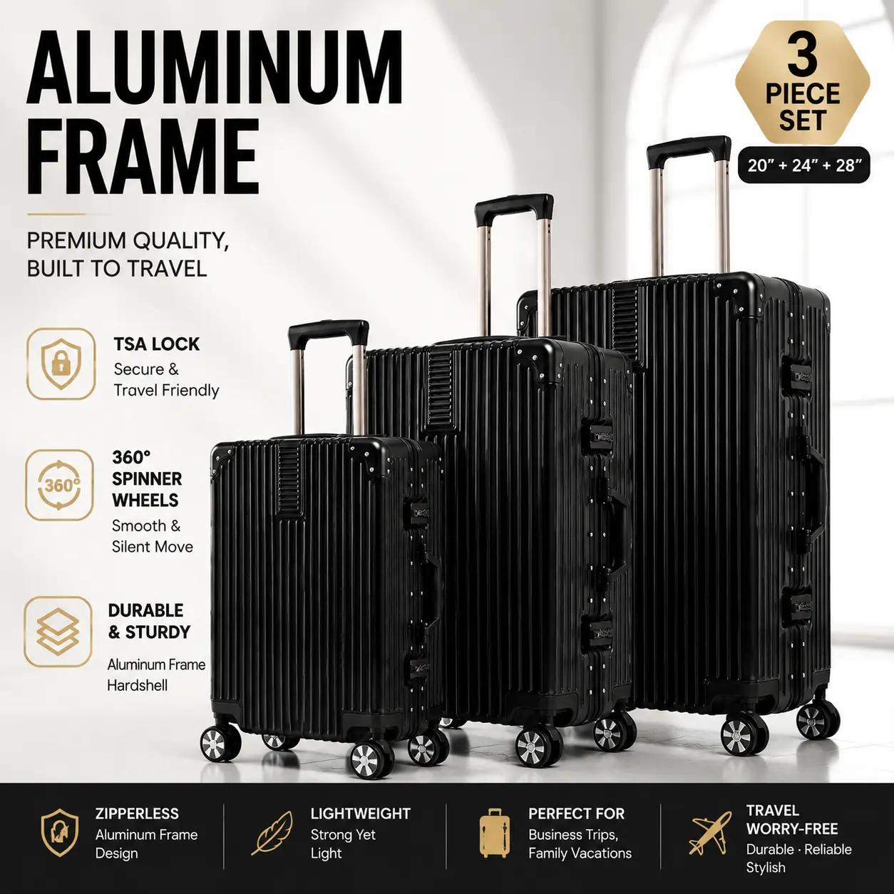 Modern 3-Piece Zipperless Aluminum Alloy Luggage Set, Hardshell Buckle Fasten Suitcases with TSA Lock, 360 Spinner Wheels, Multi-Size 20/24/28 Inch Travel Luggage - Gold International Sohochic, Luggage Sets