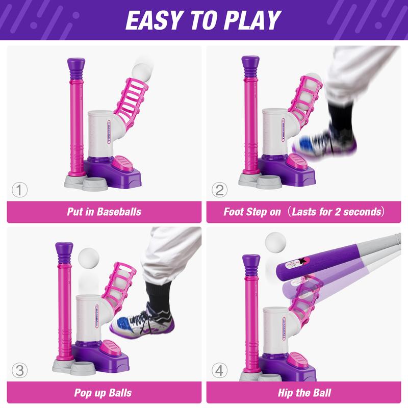 T-ball Set for Toddlers 3-5 Tee Ball Set with Step on Pitching Machine Adjustable Batting Tee Retractable Baseball Bat 8 Pop Up Balls Outdoor Sport Toy Games for Kids Girls