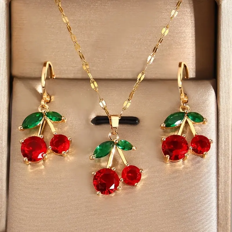 3-Piece Cute Necklace Earrings Set, Elegant Cherry Design, Luxury Fashion Jewelry Accessories, Matching Jewelry Set, Perfect for Gifts and Parties, Fashionable Jewelry Set