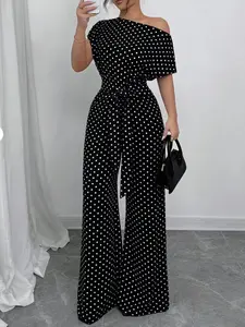 Women's All Over Print Tie-Front Wide Leg Jumpsuit - Asymmetrical Neck Batwing Style, Casual Overalls for Spring & Fall Daily Wear, Womenswear