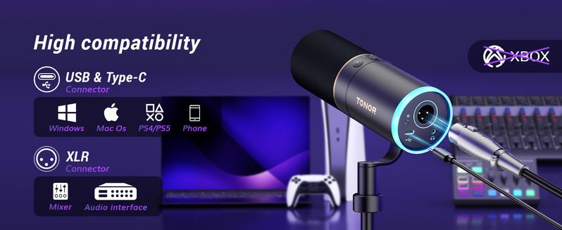 TONOR TD520S XLR/USB Gaming Mic with RGB Light, Mute Button, Headphones Jack, Metal Design for PC, Mac, Android, PS4/5