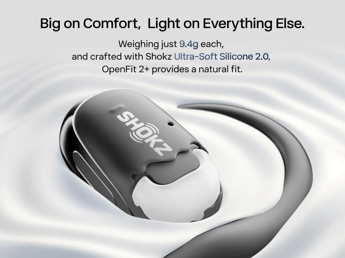 SHOKZ New OpenFit 2+ Open-Ear Headphones, Dolby Audio Enabled, Comfortable Earbuds with Soft Ear Hooks, 48H Playtime, IP55 Water-Resistant, USB-C Fast Charging, Wireless Charging