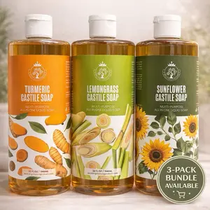 Junction Sound Multi-Purpose Natural Castile Soap 32 oz Liquid Soap - Plant-Based Formula for Body Wash Hand Soap Face Cleansing & Home Use - Turmeric Lemongrass Sunflower Scent Options - 3-Pack Bundle Available