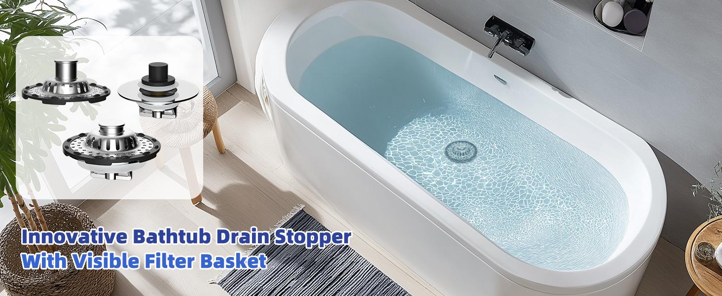 Hibbent Bathtub Drain Stopper with Visible Top Hair Catcher Innovative 3 in 1 Pop-up Bathtub Strainer Fit for Standard 1.5 to 2.4in Drain Hole with Detachable Stainless Steel Filter Basket Chrome