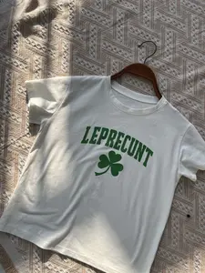 Leprecunt  Baby Tee, Retro Horseshoe & Dice Graphic, St. Patrick’s Day Lucky Charm Shirt, Y2K Aesthetic White Tee, Lucky Girl Syndrome Top