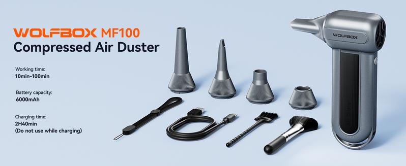 WOLFBOX MF100 Electric Air Duster 150000RPM Super Power Cordless Rechargeable Blower with 5 Nozzles & 2 Brushes for Computer Keyboard Outdoor House Car Cleaning - Multifunctional Portable Multifunctional TikTokShopHolidayHaul