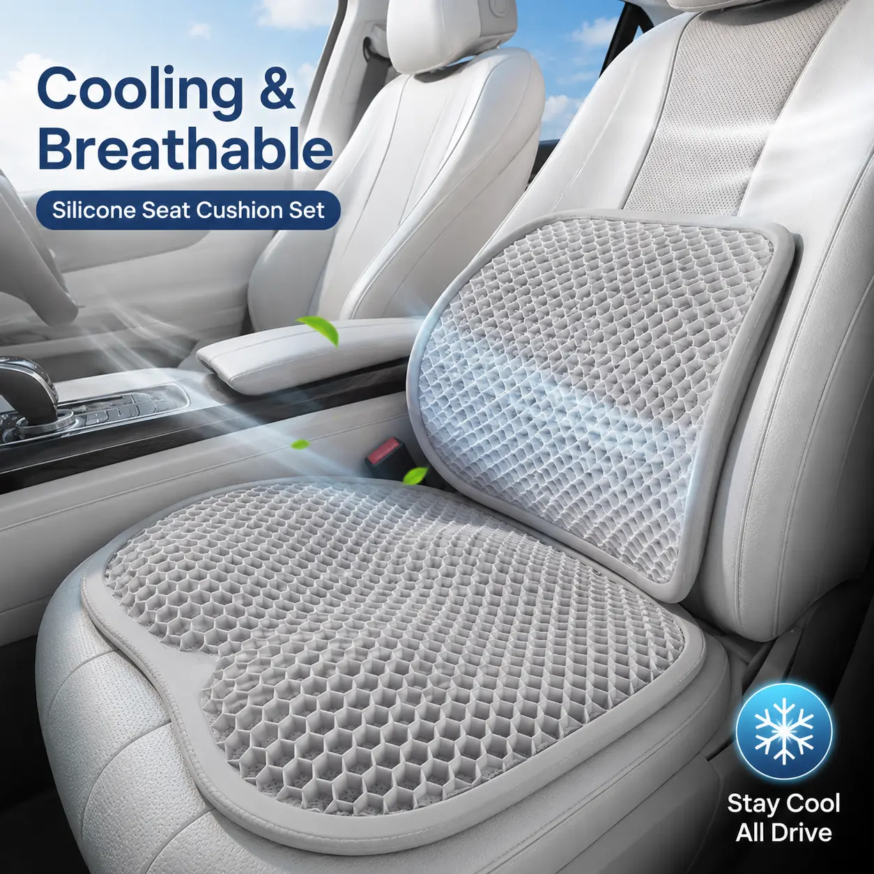 2-Piece Silicone Hexagonal Honeycomb Airflow Gel Car Seat Cushions & Lumbar Support - Cooling, Breathable, Waterproof, Quick-Dry, Sweat-Absorbent Kids-Friendly Accessories for Car, Office Use (2-Piece Set)