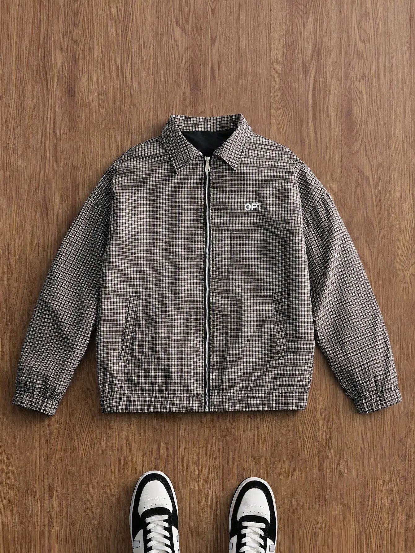 New plaid jacket with a turn-down collar, retro couple’s outdoor sports bomber jacket, street-style versatile zip closure